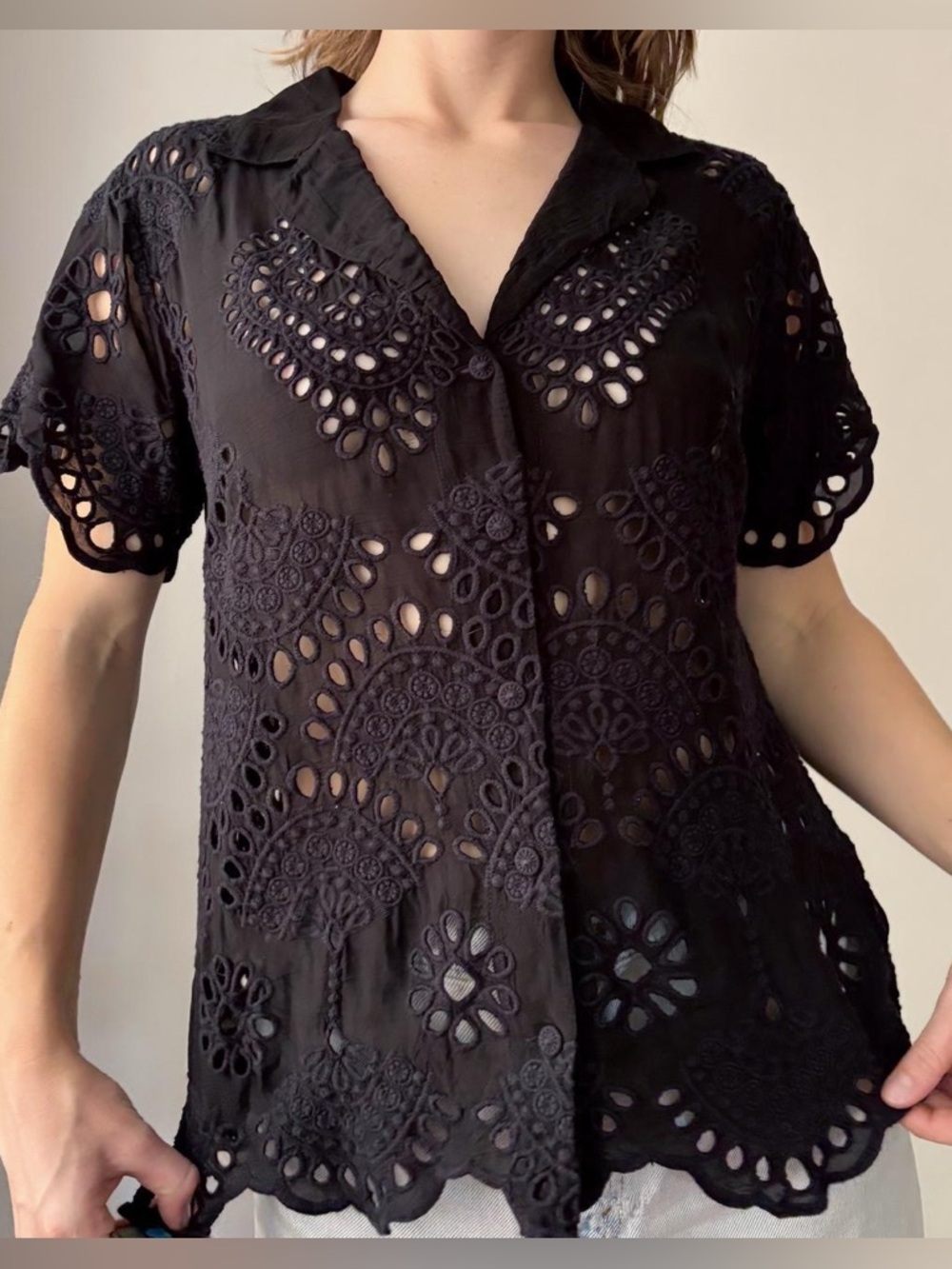 Johnny Was black eyelet sheer button up short sleeve blouse